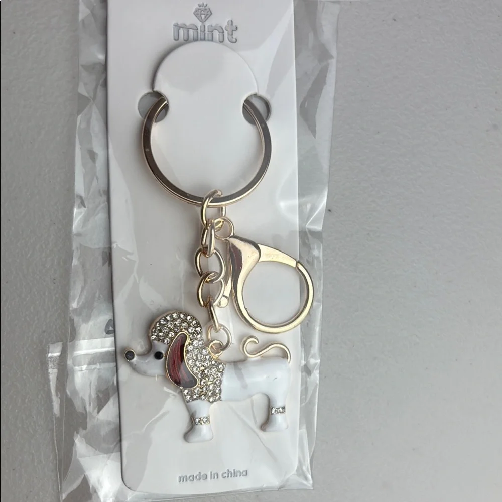 NWT White and Silver Rhinestones Accent Poodle Key Ring Holder